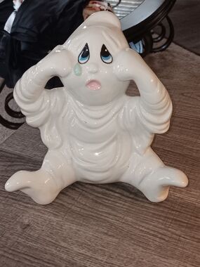 Unk White Ceramic Sad Ghost Figurine with Blue Tear
